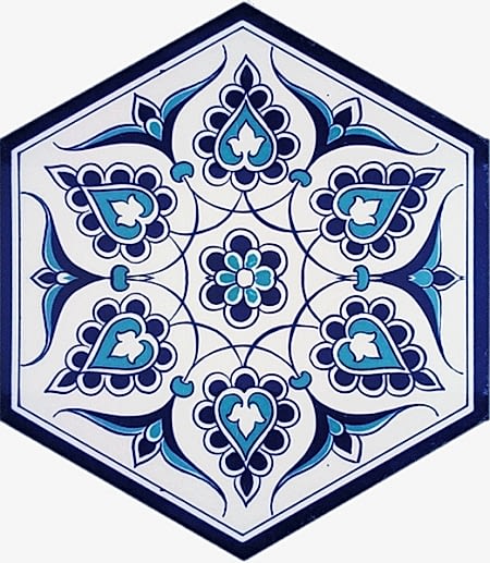 AL-4 iznik Desenli Altıgen Cini Karo, Kutahya çinisi, İznik çinileri, Türk hamamı, mosque, Banyo, otel dekorasyon fiyatları, hexagon tile, decorations