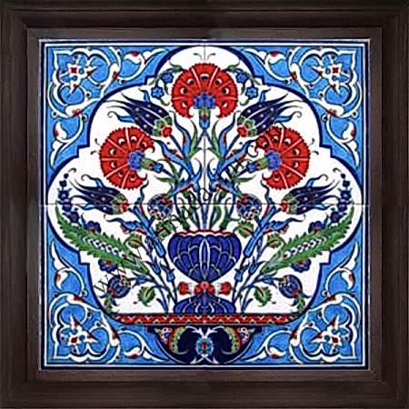 40x40 iznik Uc Karanfil Çini Desenli El Dekoru 407 Cini Pano Kütahya çinileri el yapımı çini karo türk çini sanatı desenleri osmanlı motifleri türk hamamı çini pano banyo mutfak çiniler seramik otel ev cami metro dekorasyon mosque masjid hand made interior ceramic tiles decoration turkısh bath bathroom fiyatları