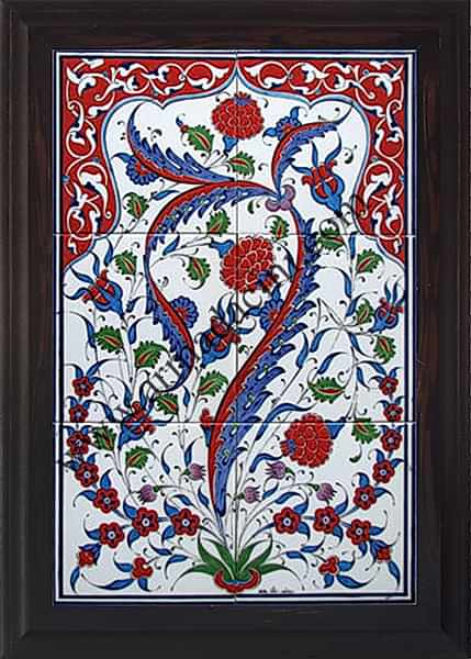 40x60 Tek Hancer Yapraklı El Dekoru 520 Cini Pano Kütahya ve iznik çinileri el yapımı çini karo türk çini sanatı desenleri osmanlı motifleri türk hamamı çini pano banyo mutfak çiniler seramik otel ev cami metro dekorasyon mosque masjid hand made interior ceramic tiles decoration turkısh bath bathroom fiyatları