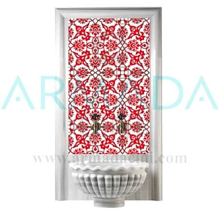 SP 83 Kırmız Beyaz Rumi Desen Çini Kurna Arkası Hamam