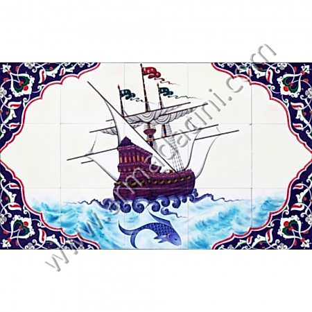 100x60 Osmanlı Donanması Buyuk Kalyon Rumili Cini Kütahya ve iznik çinileri el yapımı çini karo klasik türk çini sanatı desenleri osmanlı motifleri türk hamamı çini pano banyo mutfak tezgah arası çiniler seramik dekorasyon hand made interior ceramic tiles decoration turkısh bath bathroom çini örnekleri saray cariye