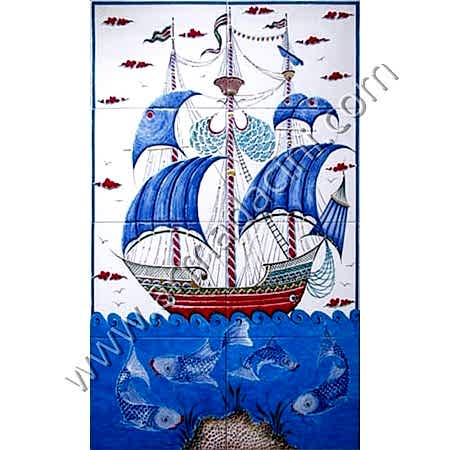 60x100 Osmanlı Balıklı Kalyon El Dekoru Cini Pano Kütahya ve iznik çinileri el yapımı çini karo klasik türk çini sanatı desenleri osmanlı motifleri türk hamamı çini pano banyo mutfak tezgah arası çiniler seramik dekorasyon hand made interior ceramic tiles decoration turkısh bath bathroom çini örnekleri saray cariye