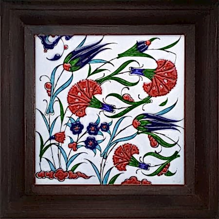 20x20 Cm ED 3114 Çift Lale Karanfil İznik Kütahya Çini Pano hand made tile interior decoration Turkish tiles