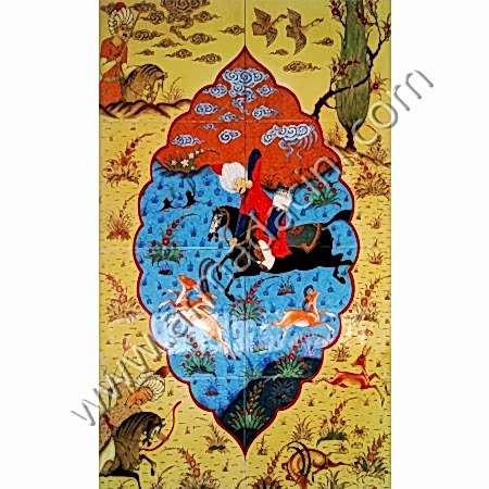 60x100 Osmanlı Av Sahnesi Damla Minyatur Cini Pano Kütahya ve iznik çinileri el yapımı çini karo klasik türk çini sanatı desenleri osmanlı motifleri türk hamamı çini pano banyo mutfak tezgah arası çiniler seramik dekorasyon hand made interior ceramic tiles decoration turkısh bath bathroom çini örnekleri saray cariye