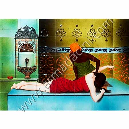 140x100 Turk Hamamı Gobek Tası Keseci Kadın Cini Pano Kütahya ve iznik çinileri el yapımı çini karo klasik türk çini sanatı desenleri osmanlı motifleri türk hamamı çini pano banyo mutfak tezgah arası çiniler seramik dekorasyon hand made interior ceramic tiles decoration turkısh bath bathroom çini örnekleri saray cariye