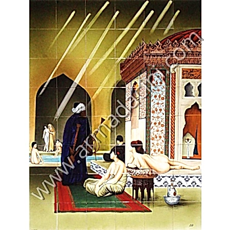 120x160 Osmanlı Nargileci Kadın ve Gozdeler Cini Pano Kütahya ve iznik çinileri el yapımı çini karo klasik türk çini sanatı desenleri osmanlı motifleri türk hamamı çini pano banyo mutfak tezgah arası çiniler seramik dekorasyon hand made interior ceramic tiles decoration turkısh bath bathroom çini örnekleri saray cariye
