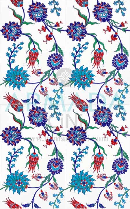 25x40 SP-405 Desenli İznik Çini Karo Modeli (Lale-Karanfil Desenli) Türk Hamamı Banyo Mutfak Cafe Restoran Cami Çinisi Çinileri Kütahya Seramik Porselen ottoman iznik tulip pattern ceramic tiles