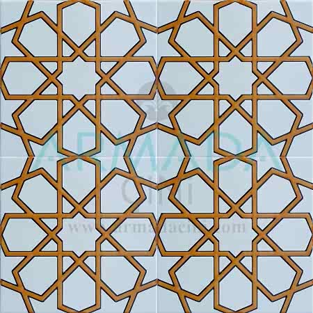 20x20 SP-89-B Desenli İznik Çini Karo Modeli (Türkmen Yıldızı) Beyaz Altın Metalik Sarı Renkli kabartmalı Cami Mihrap Minber Kürsü Çinileri Geometrik Karo Turkish bath ottoman ceramic tile geometric islamic patterned desıgn