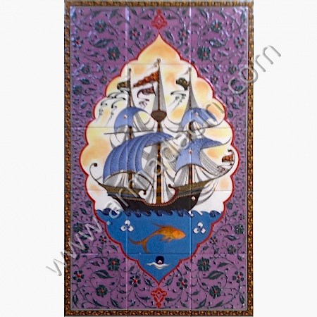 60x100 Osmanlı Savas Gemisi Damla Kalyon Cini Pano Kütahya ve iznik çinileri el yapımı çini karo klasik türk çini sanatı desenleri osmanlı motifleri türk hamamı çini pano banyo mutfak tezgah arası çiniler seramik dekorasyon hand made interior ceramic tiles decoration turkısh bath bathroom çini örnekleri saray cariye