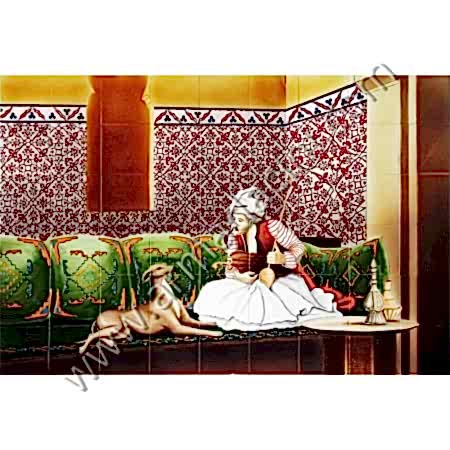 180x120 Osmanlı Nargileci Bektasi Cini Pano Kütahya ve iznik çinileri el yapımı çini karo klasik türk çini sanatı desenleri osmanlı motifleri türk hamamı çini pano banyo mutfak tezgah arası çiniler seramik dekorasyon hand made interior ceramic tiles decoration turkısh bath bathroom çini örnekleri saray cariye