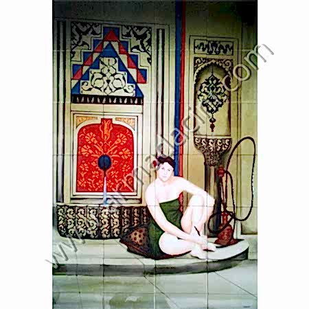 80x120 Turk Hamamı Nargile Icen Kadın Cini Pano Kütahya ve iznik çinileri el yapımı çini karo klasik türk çini sanatı desenleri osmanlı motifleri türk hamamı çini pano banyo mutfak tezgah arası çiniler seramik dekorasyon hand made interior ceramic tiles decoration turkısh bath bathroom çini örnekleri saray cariye