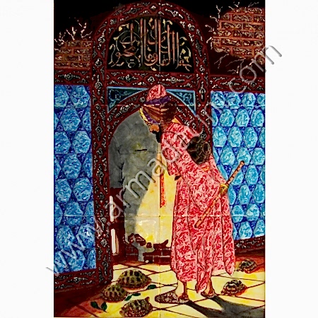 İznik çini,40x60 Osman Hamdi Kaplumbaga Terbiyecisi Ebrulu Cini Kütahya ve iznik çinileri el yapımı çini karo klasik türk çini sanatı desenleri osmanlı motifleri türk hamamı çini pano banyo mutfak çiniler seramik dekorasyon hand made interior ceramic tiles decoration turkısh bath bathroom çini fiyatları satıcıları fabrikalar