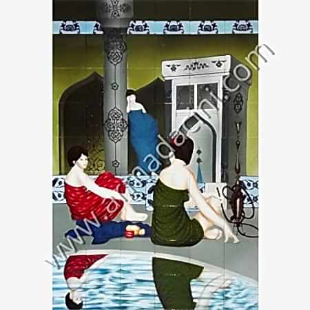 120x180 Türk Hamamı 2 Cariye Sohbeti Cini Pano Kütahya ve iznik çinileri el yapımı çini karo klasik türk çini sanatı desenleri osmanlı motifleri türk hamamı çini pano banyo mutfak tezgah arası çiniler seramik dekorasyon hand made interior ceramic tiles decoration turkısh bath bathroom çini örnekleri saray cariye