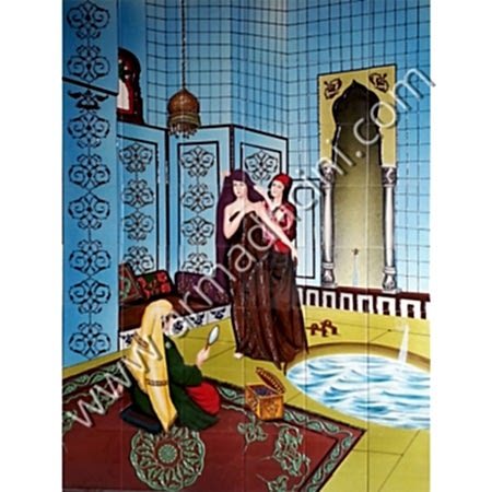 120x160 Osmanlı Cariyeler Hamam Cıkısı El Yapımı Ciniler Kütahya ve iznik çinileri el yapımı çini karo klasik türk çini sanatı desenleri osmanlı motifleri türk hamamı çini pano banyo mutfak tezgah arası çiniler seramik dekorasyon hand made interior ceramic tiles decoration turkısh bath bathroom çini örnekleri saray