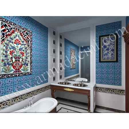 Vılla Banyo Tasarımı El isi Kütahya Cını Dekorasyonu Kütahya ve iznik çinileri türk hamamı çini pano seramik dekorasyon hand made interior tile