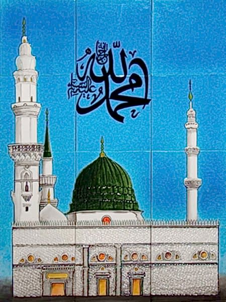 60x80 Medine-i Münevvere El Dekoru Cini Resim Kütahya iznik çinisi cami mihrap ayetli dekorasyon mosque hand made tiles decorations interior islamic art