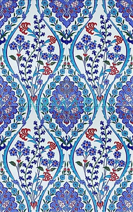 25x40 SP-418 Desenli İznik Çini Karo Modeli (Karanfilli) Turkuaz Kobalt Renkli Çiçek Desenli Göbekli Kütahya Çinisi Çini Deseni Desenleri Seramikleri iznik ottoman turkis ceramic tiles