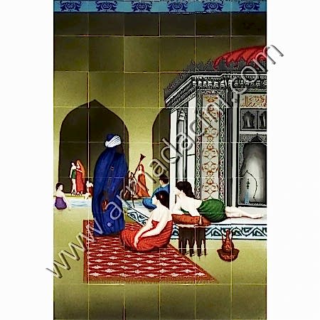 120x180 Osmanlı Turk Hamamı Nargileci Arap Kadın Cini Kütahya ve iznik çinileri el yapımı çini karo klasik türk çini sanatı desenleri osmanlı motifleri türk hamamı çini pano banyo mutfak tezgah arası çiniler seramik dekorasyon hand made interior ceramic tiles decoration turkısh bath bathroom çini örnekleri saray cariye