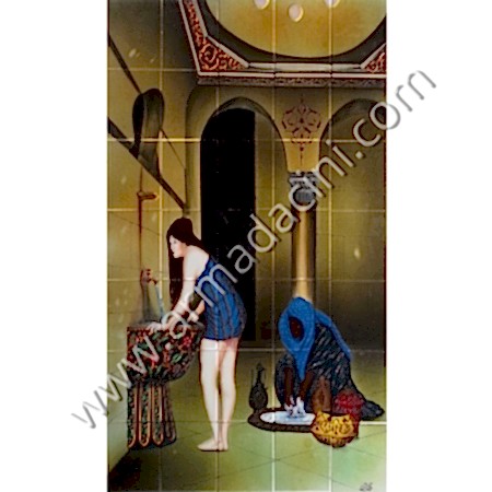 100x140 Türk Hamamı Mavili Cariye Elyapımı Cini Pano Kütahya ve iznik çinileri el yapımı çini karo klasik türk çini sanatı desenleri osmanlı motifleri türk hamamı çini pano banyo mutfak tezgah arası çiniler seramik dekorasyon hand made interior ceramic tiles decoration turkısh bath bathroom çini örnekleri saray cariye