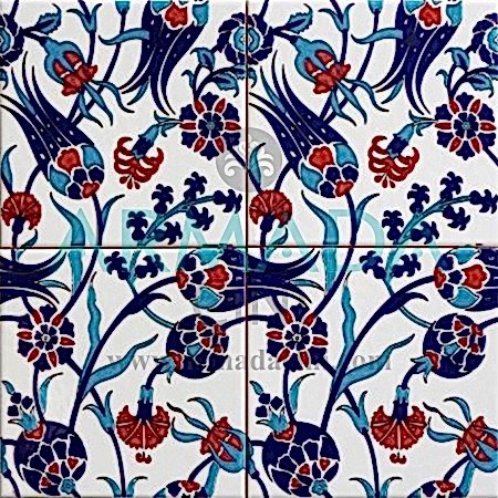 20x20 SP-105 Desenli İznik Çini Karo Modeli (Lale Desenli) Türk Hamamı Banyo Otel Cafe Çinisi Çinileri Cami Çinileri El Yapımı Pano El İşlemesi El Boyaması ottoman tulip pattern ceramic tile