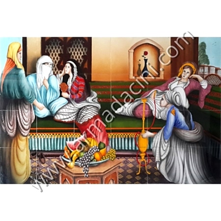 120x80 Osmanlı Sarayda Cariyeler Muhabbeti Cini Pano Kütahya ve iznik çinileri el yapımı çini karo klasik türk çini sanatı desenleri osmanlı motifleri türk hamamı çini pano banyo mutfak tezgah arası çiniler seramik dekorasyon hand made interior ceramic tiles decoration turkısh bath bathroom çini örnekleri saray cariye
