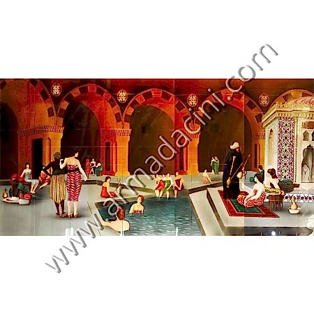 Ozel El dekoru Hamamda Havuz Muhabbeti Cini Pano Kütahya ve iznik çinileri el yapımı çini karo klasik türk çini sanatı desenleri osmanlı motifleri türk hamamı çini pano banyo mutfak tezgah arası çiniler seramik dekorasyon hand made interior ceramic tiles decoration turkısh bath bathroom çini örnekleri saray cariye